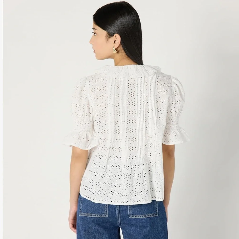 🆕 The Drop ‘Lenai’ 100% Cotton Pintuck Eyelet Blouse in Ivory XL - Picture 2 of 9
